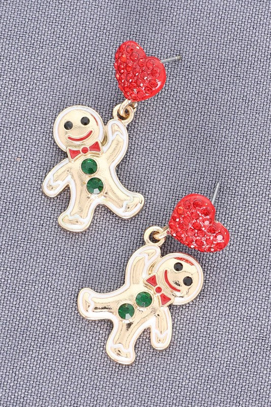 2-TIER HEART POST GINGERBREAD MAN EARRINGS