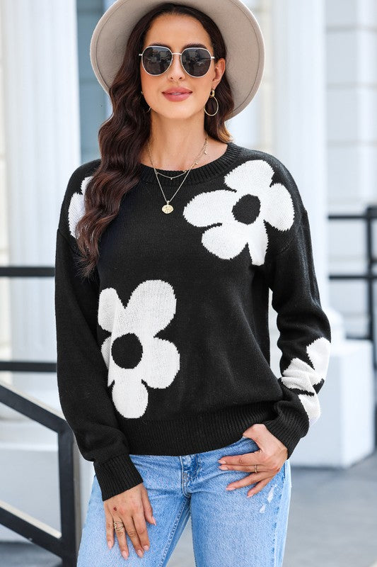 Big Flower Pattern Knit Sweater