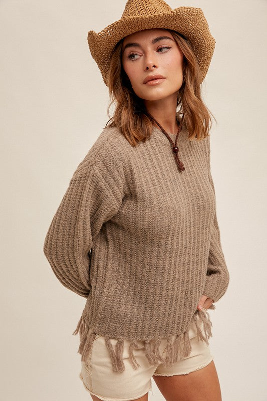 ROUND NECK FRINGE TRIMMED SWEATER