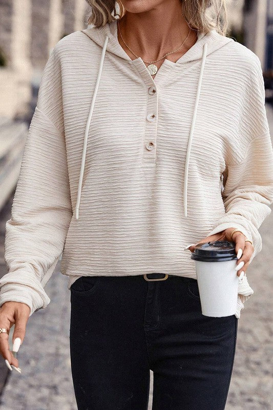 Textured Drop Shoulder Hooded Long Sleeve Top