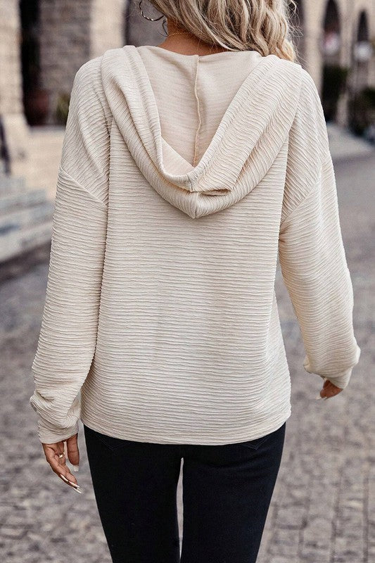 Textured Drop Shoulder Hooded Long Sleeve Top