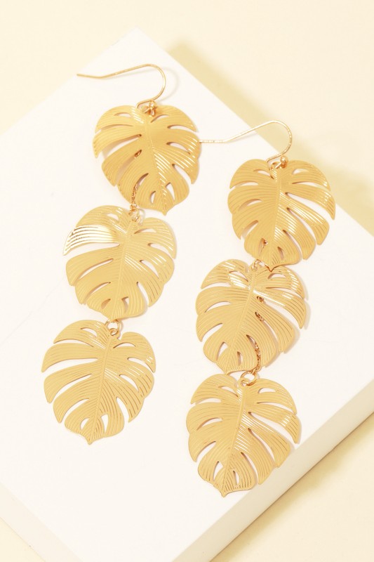 Triple Flat Metallic Monstera Chain Earrings