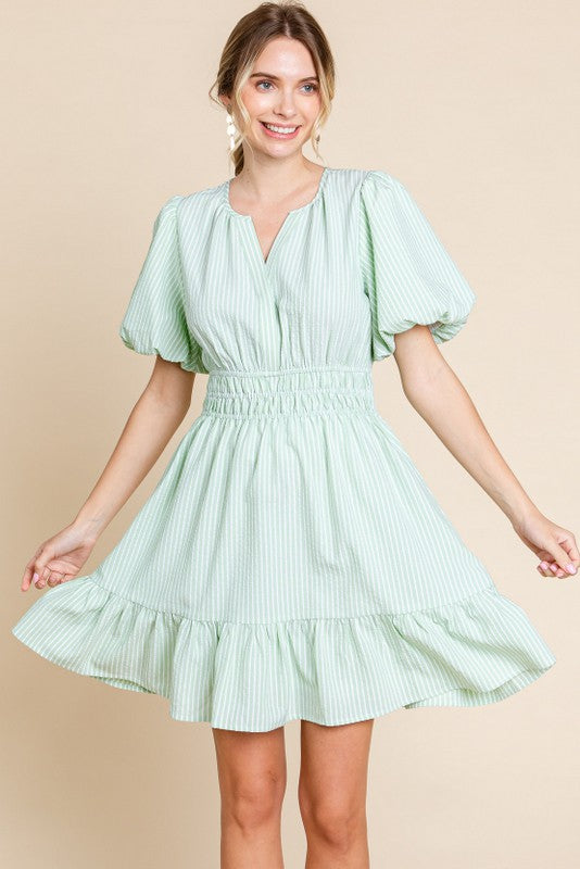 Striped Balloon Sleeves Dress