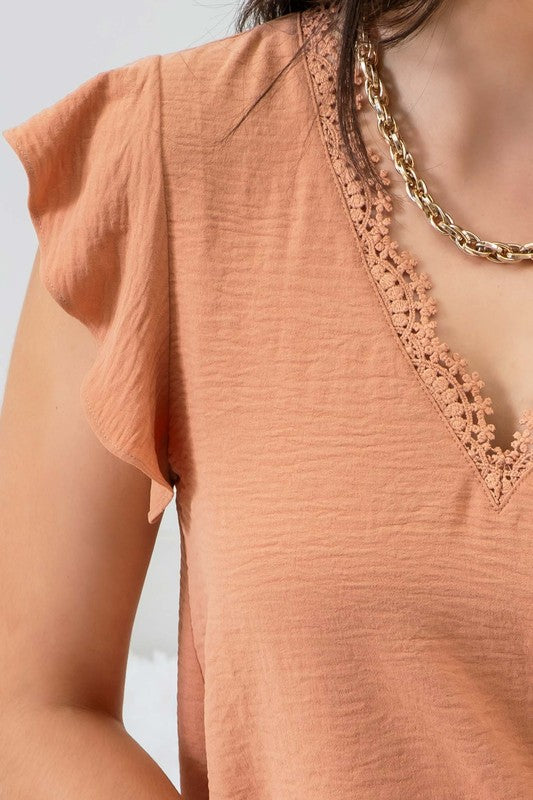 V NECK LACE TRIM BACK TIE BLOUSE