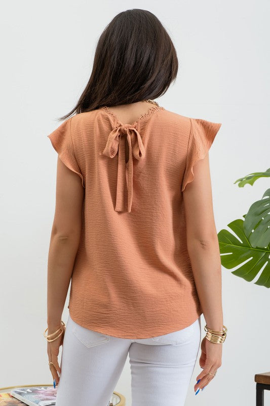 V NECK LACE TRIM BACK TIE BLOUSE