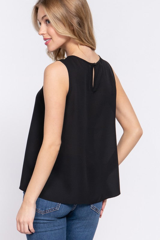 SLEEVELESS ROUND NECK WOVEN TOP