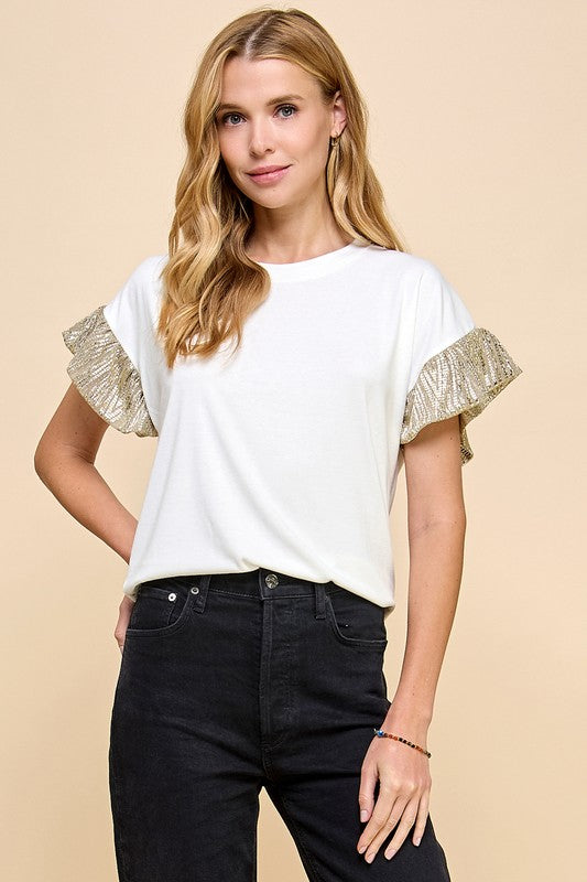 Solid Top with Shinny Detailed Sleeves