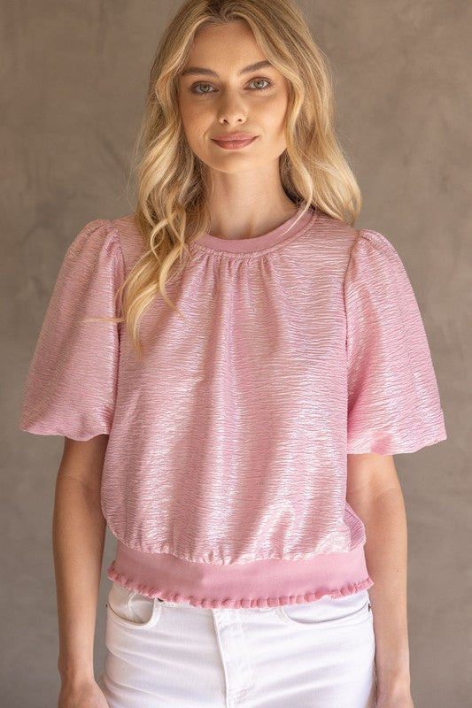 Foil Puff Sleeve Ruffle Rib Band Top