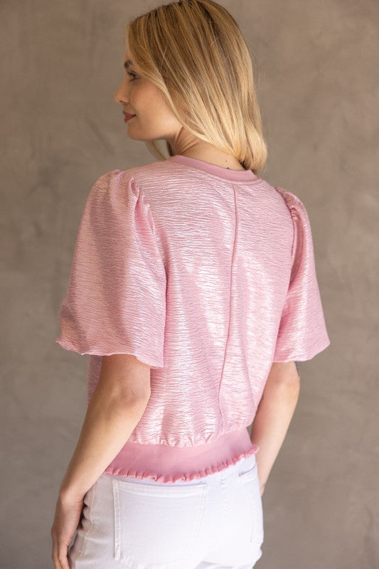 Foil Puff Sleeve Ruffle Rib Band Top