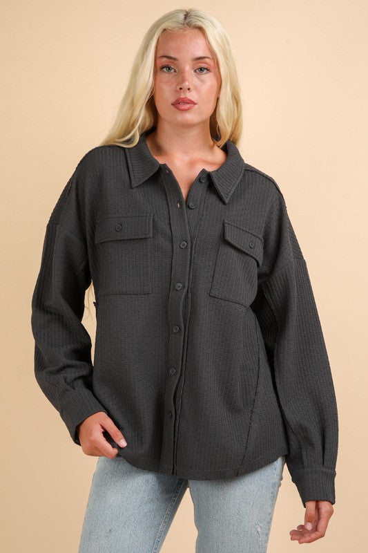 Oversized Casual Textured Knit Cozy Shacket Jacket
