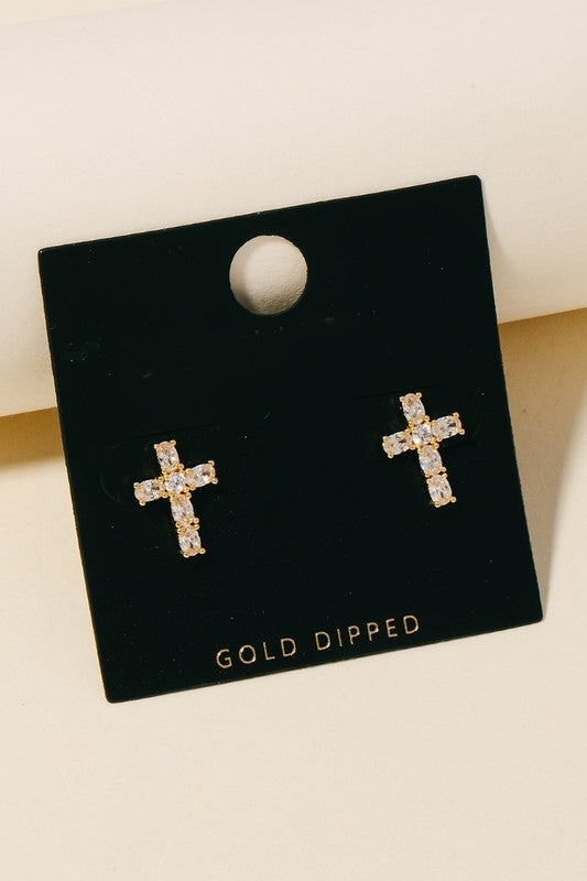 Dipped Cz Studded Cross Stud Earrings