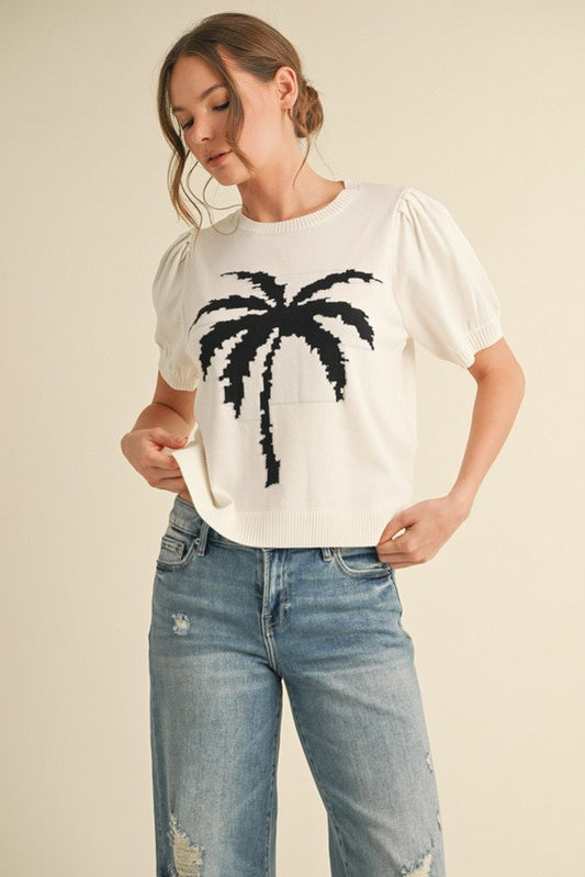 Palm Tree Print Knit Short Sleeves Top