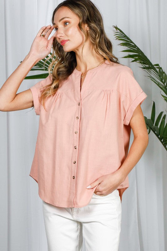 Roll-up Short Sleeve Button Shirt Top
