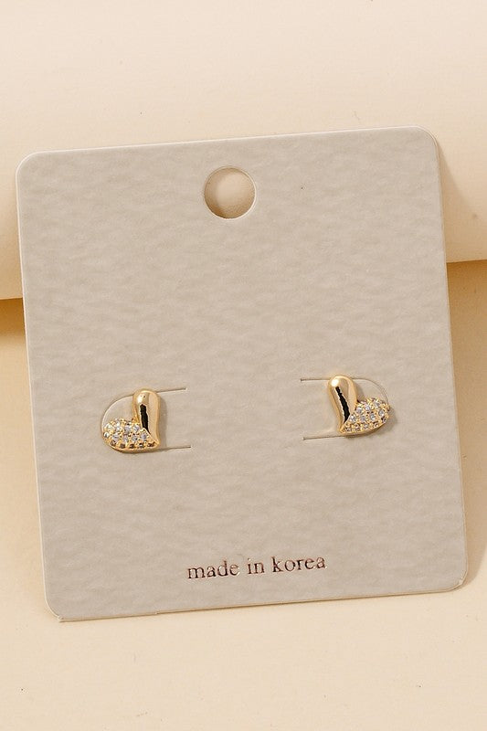 Half Cz Pave Heart Stud Earrings