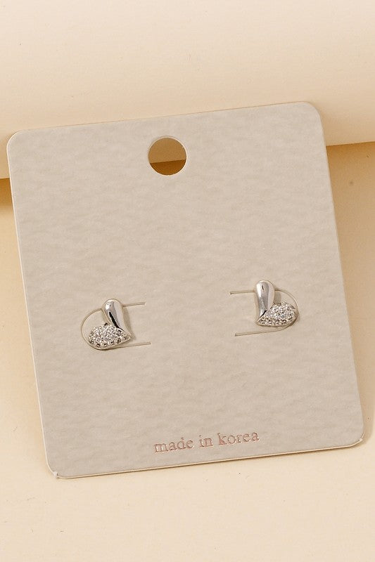 Half Cz Pave Heart Stud Earrings