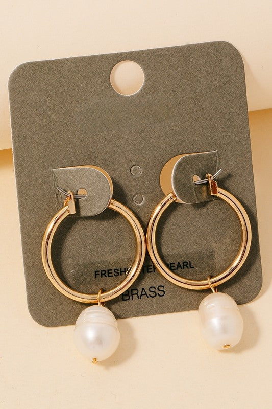 Pearl Charm Metallic Hinge Hoop Earrings