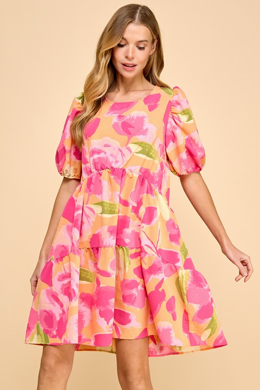Floral Printed Dress Two Layered Puffed Sleeves