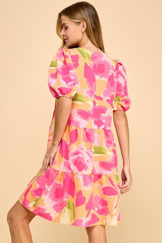 Floral Printed Dress Two Layered Puffed Sleeves