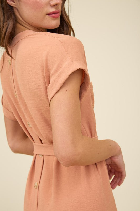 Back Buttoned Belted Mini Dress