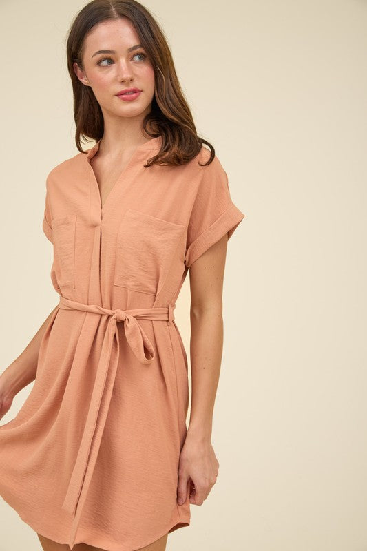 Back Buttoned Belted Mini Dress