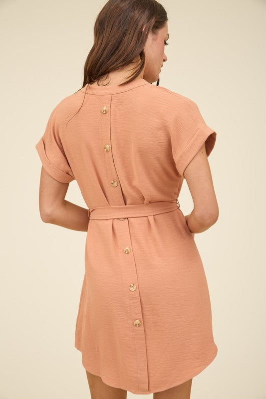 Back Buttoned Belted Mini Dress