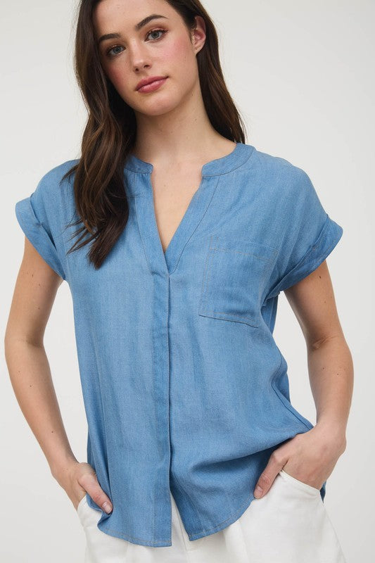 Front Split Back Button Cuff Sleeve Chambray Top