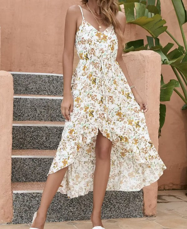 Elegant Floral Midi Dress With Adjustable Straps