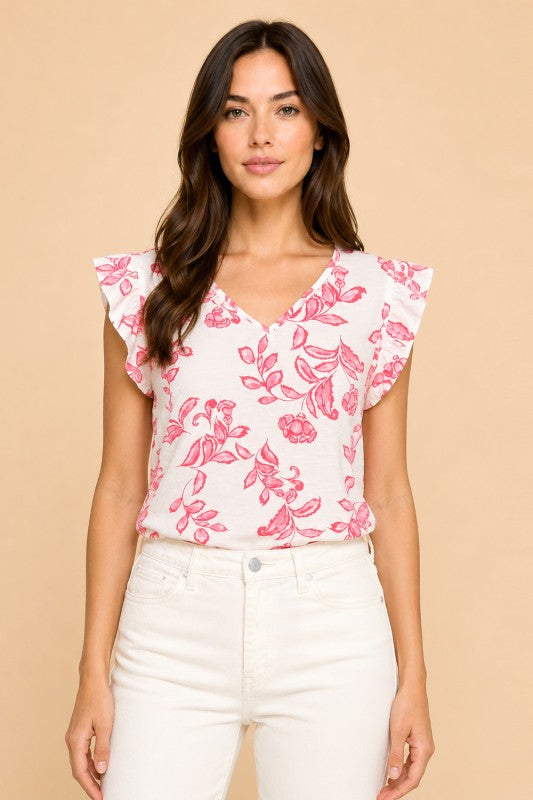 Floral V-neck Ruffle Sleeve Top