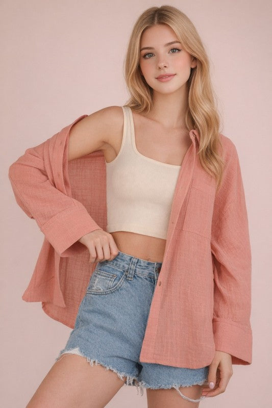 Dolman Sleeve Button Down Gauze Shirt