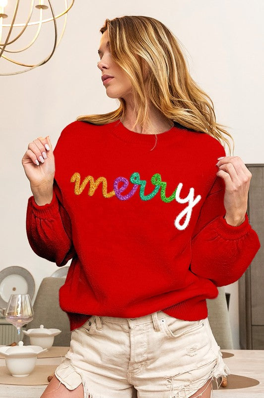 MERRY TINSEL METALLIC LETTER SWEATER