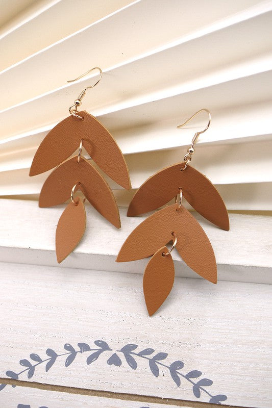 Genuine Leather Leaf Earrings - Brown