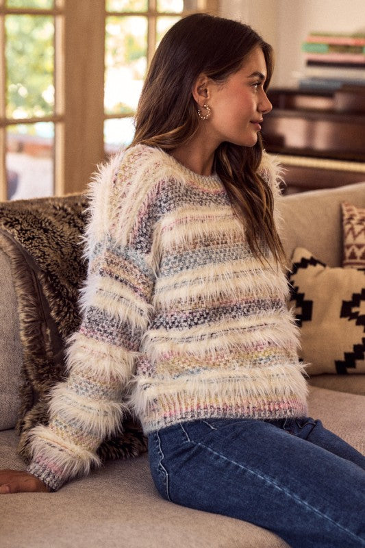 Soft Hairy Multi Color Stripe Cozy Sweater Top