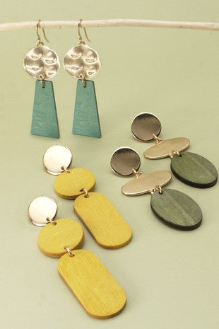 Linear Geo Metal/Wood Drop Earrings