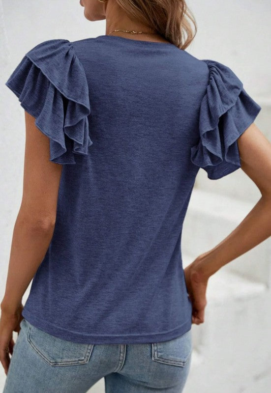 SOLID RUFFLE TRIM TEE
