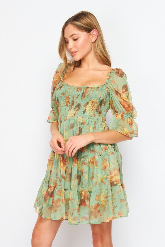 Floral Print Layered Dress with Smocking Waist