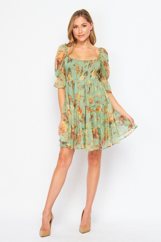 Floral Print Layered Dress with Smocking Waist
