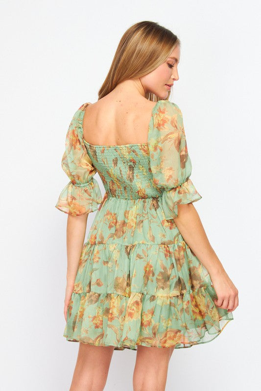 Floral Print Layered Dress with Smocking Waist